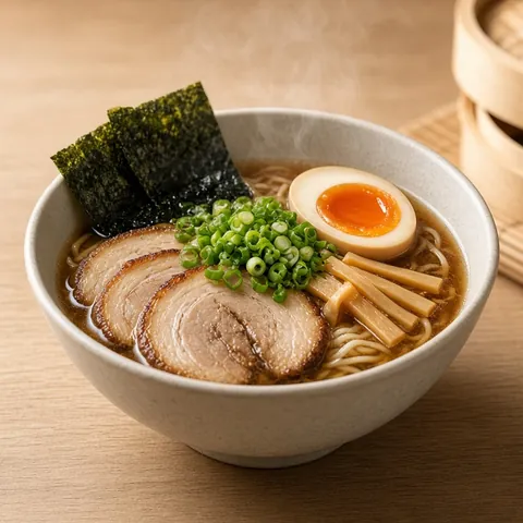 Shoyu ramen with chashu pork, soft-boiled egg, nori and spring onion