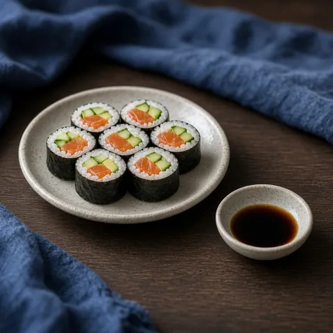 Salmon, cucumber and avocado maki rolls with a small dish of soy sauce