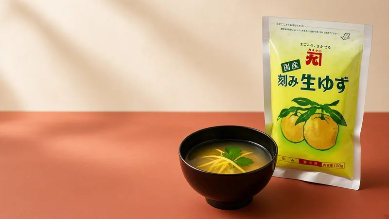 Clear dashi soup with fine yuzu peel strips and a mitsuba leaf in a black lacquer bowl beside a Kaneku yuzu pouch