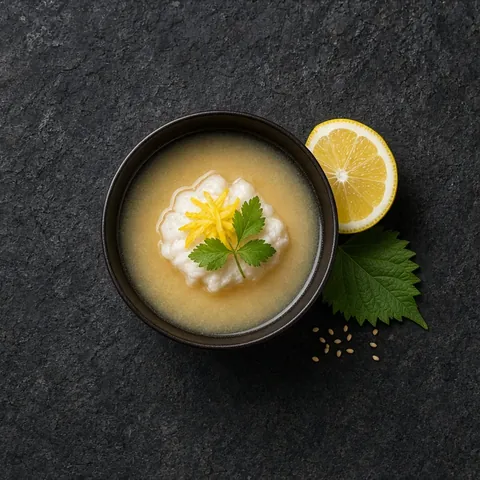 Clear suimono soup with a white fish dumpling, yuzu peel strips and mitsuba, shot from above