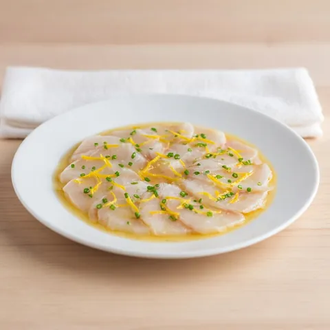 Sea bream carpaccio dressed with ponzu, yuzu peel strips and chives