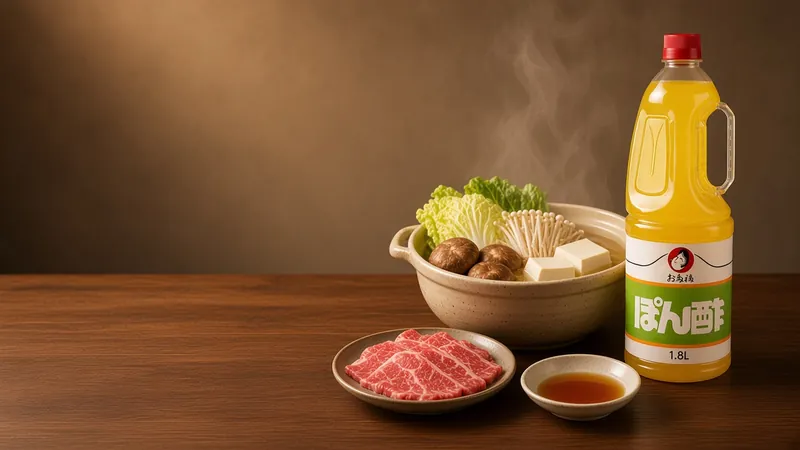 Shabu-shabu pot with napa cabbage, shiitake, tofu and enoki, thin sliced beef and a dish of ponzu beside an Otafuku ponzu 1.8 litre bottle