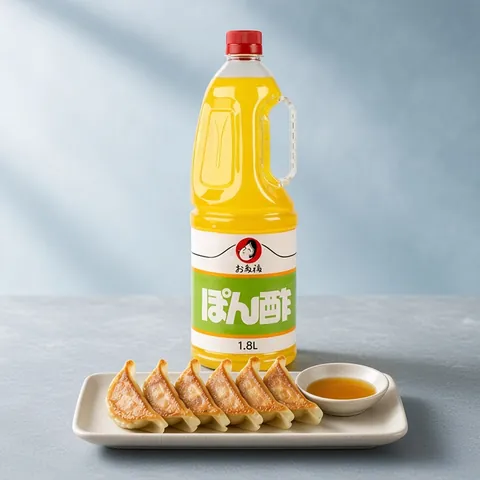 Pan-fried gyoza with a small dish of ponzu in front of an Otafuku ponzu bottle