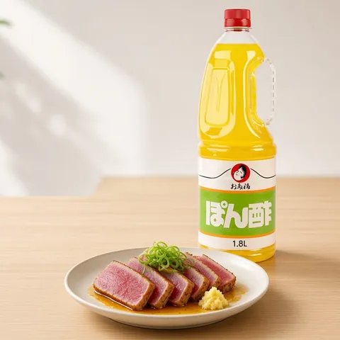 Seared tuna tataki slices dressed with ponzu, spring onion and grated ginger in front of an Otafuku ponzu bottle