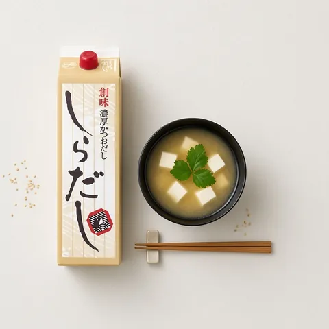 Clear suimono soup with silken tofu and mitsuba beside a Somi shiradashi carton and chopsticks