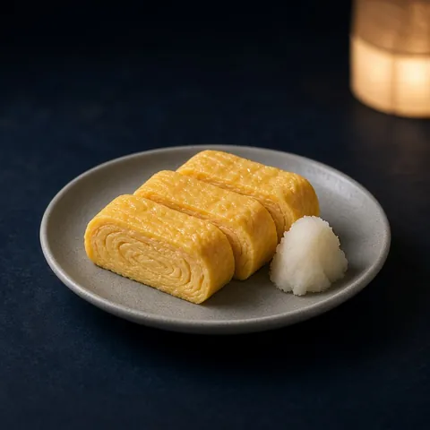 Sliced dashimaki tamagoyaki rolled omelette with grated daikon on a grey plate