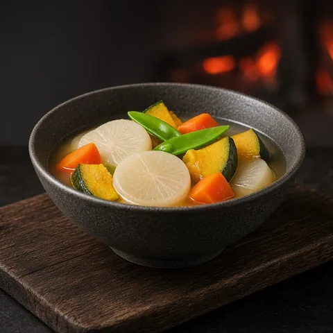 Nimono of simmered daikon, carrot, kabocha and snow peas in a light dashi broth