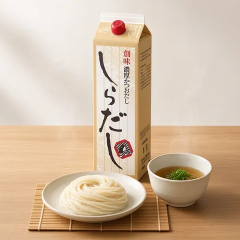 Chilled somen noodles on a bamboo mat with a cup of light dipping sauce in front of a Somi shiradashi carton