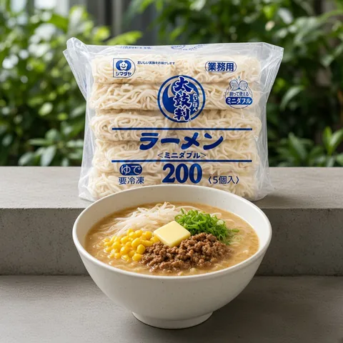 Miso ramen with corn and bean sprouts beside a Shimadaya ramen pack