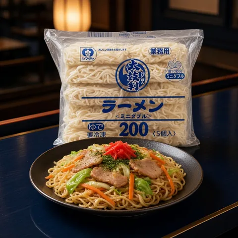 Pan-fried ramen noodles with vegetables beside a Shimadaya ramen pack
