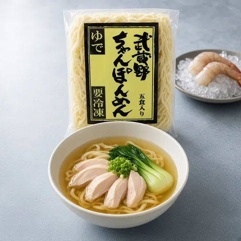Champon noodles in clear chicken broth with chicken and greens beside a Musashino champon pack