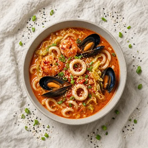 Spicy red seafood noodle soup with mussels, squid and vegetables