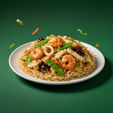 Pan-fried noodles topped with a thick seafood and vegetable sauce
