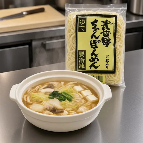 Hot pot with noodles added at the end beside a Musashino champon pack