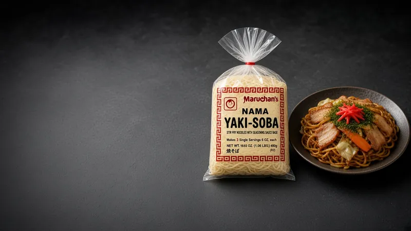 Plate of yakisoba noodles with pork, cabbage, pickled ginger and aonori beside a Maruchan yakisoba pack