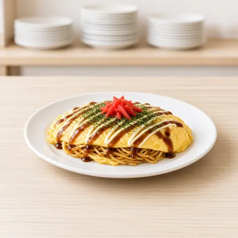 Omusoba: yakisoba wrapped in a golden omelette with sauce, mayonnaise and pickled ginger
