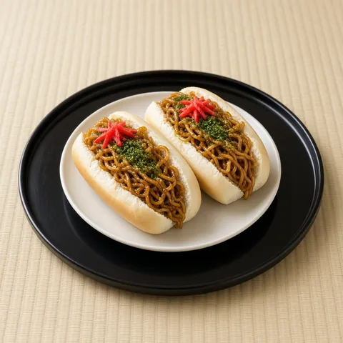 Two soft rolls filled with yakisoba, pickled ginger and aonori on a black lacquer tray