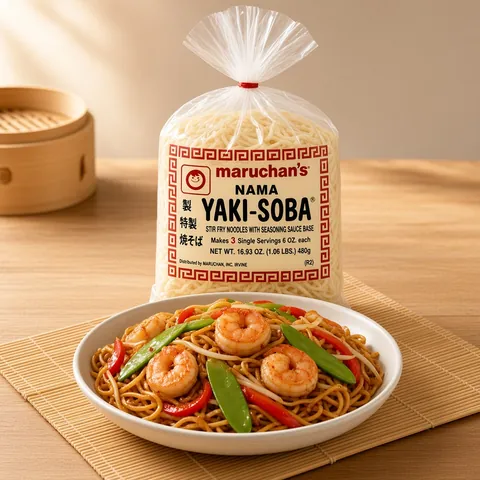 Stir-fried yakisoba noodles with prawns, peppers and snow peas beside a Maruchan yakisoba pack