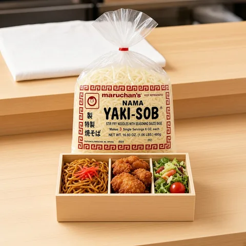 Bento box with yakisoba, karaage and salad in front of a Maruchan yakisoba pack