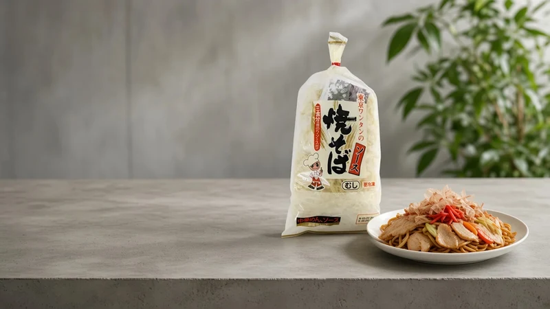 Plate of yakisoba with chicken, cabbage, pickled ginger and bonito flakes beside a Tokyo yakisoba 3-portion pack