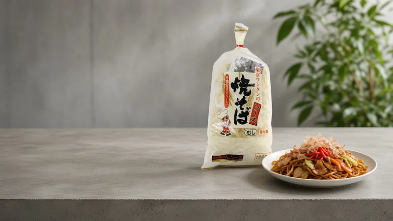 Plate of yakisoba with pork, cabbage, pickled ginger and bonito flakes beside a Tokyo yakisoba 3-portion pack