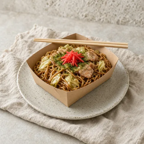 Yakisoba with pork, cabbage and pickled ginger in a kraft paper takeaway tray