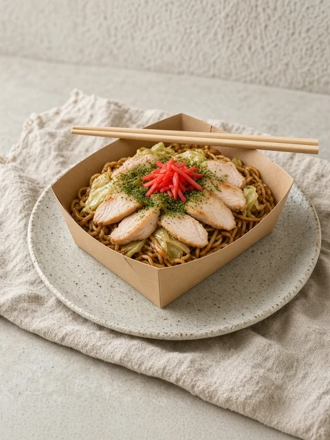 Yakisoba with chicken, cabbage and pickled ginger in a kraft paper takeaway tray