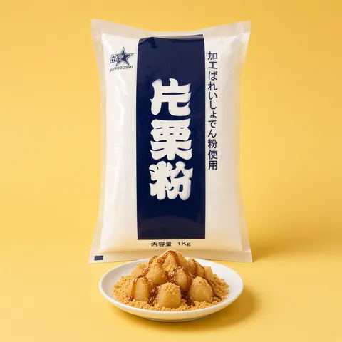 Potato starch mochi dusted with kinako and drizzled with brown sugar syrup beside a Maruboshi potato starch bag
