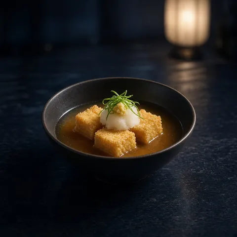 Crisp agedashi tofu in dashi with grated daikon and ginger