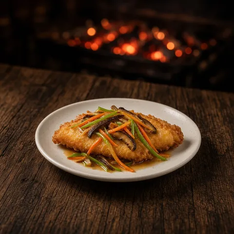 Fried fish fillet with a glossy vegetable ankake sauce