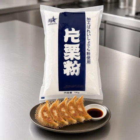 Hanetsuki gyoza joined by a crisp lacy skirt beside a Maruboshi potato starch bag