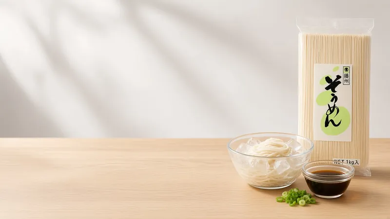 Chilled somen on ice in a glass bowl with dipping sauce and spring onion beside a Marutsune somen pack