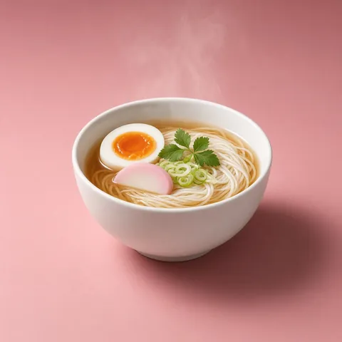 Nyumen somen in hot broth with a soft-boiled egg, kamaboko and spring onion