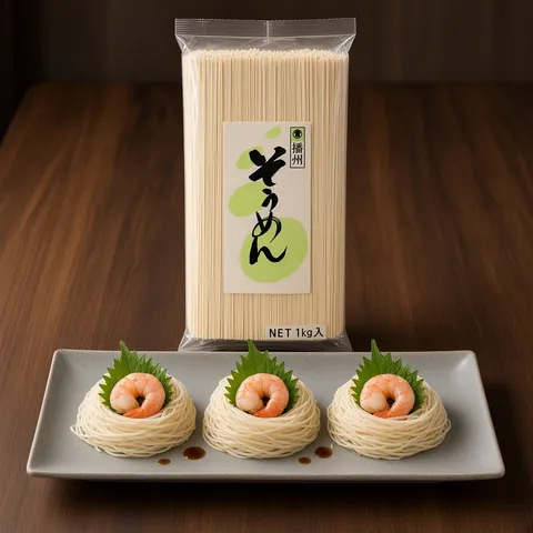 Somen nests topped with shiso and shrimp on a long plate beside a Marutsune somen pack