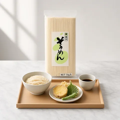 Summer tray set of chilled somen, vegetable tempura and dipping sauce beside a Marutsune somen pack