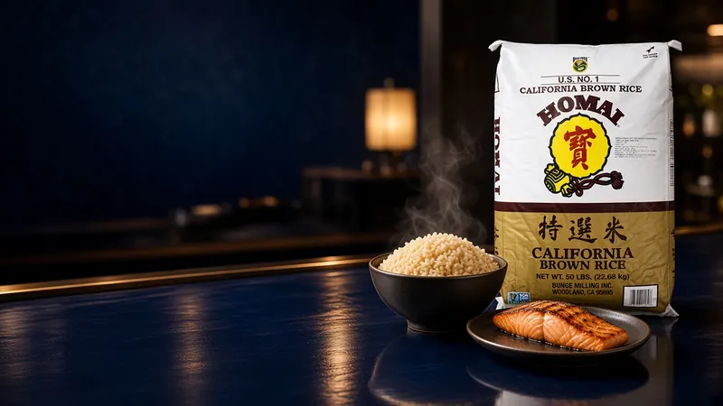 Bowl of steaming brown rice and a grilled salmon fillet in front of a Homai California brown rice 22.68 kg sack