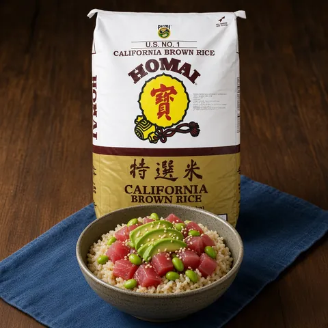 Brown rice poke bowl with tuna, avocado and edamame in front of a Homai California brown rice sack