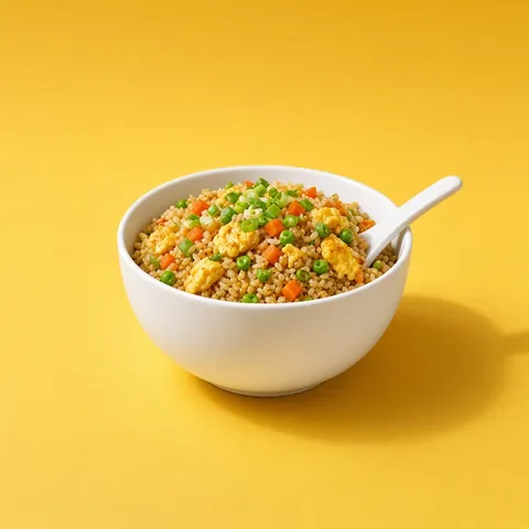 Brown rice fried rice with egg, carrot, peas and spring onion in a white bowl