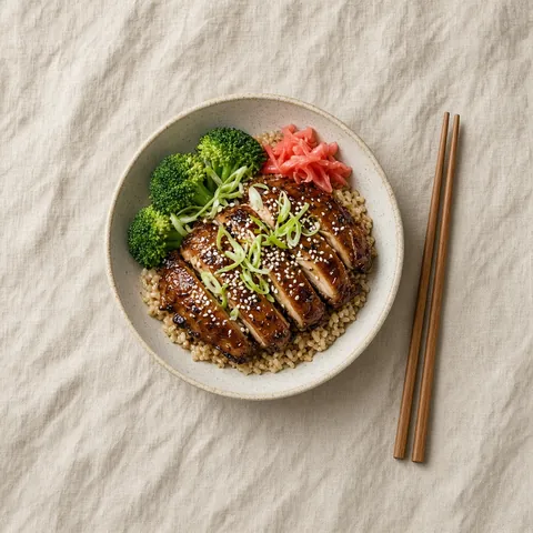 Overhead teriyaki chicken bowl on brown rice with broccoli and pickled ginger