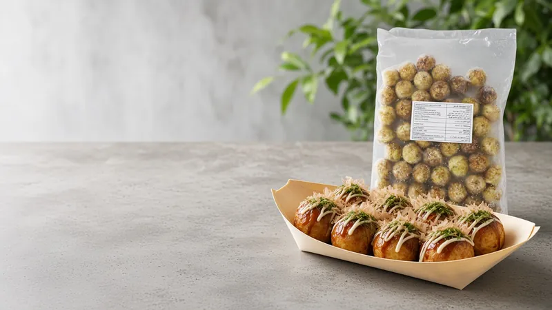 Paper boat of takoyaki with sauce, mayonnaise, aonori and bonito flakes in front of a bag of GGFT frozen takoyaki