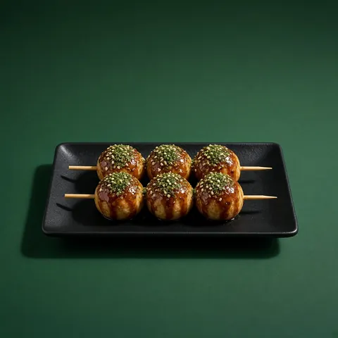 Skewers of sauce-glazed takoyaki with aonori and sesame on a black plate
