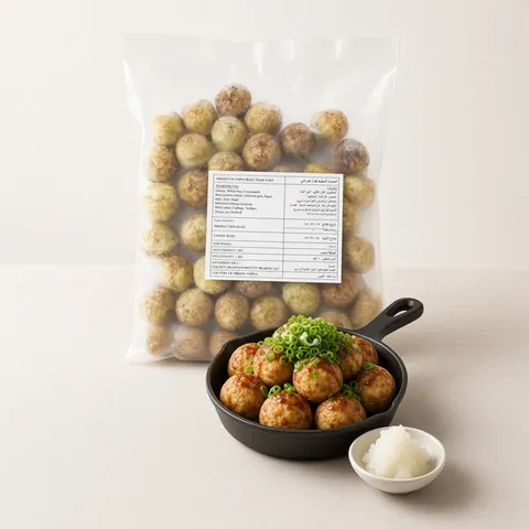 Takoyaki in a small iron skillet with spring onion, ponzu and grated daikon in front of a bag of GGFT frozen takoyaki