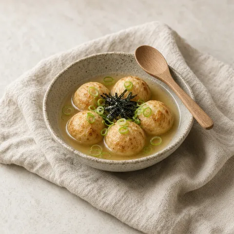 Takoyaki in light dashi broth with spring onion and shredded nori in a ceramic bowl