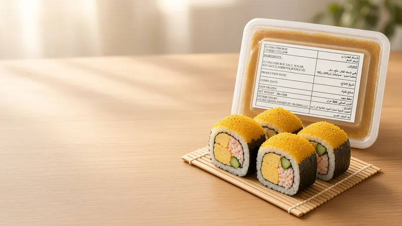 Futomaki slices topped with yellow tobiko on a bamboo mat in front of a GGFT yellow tobiko tray