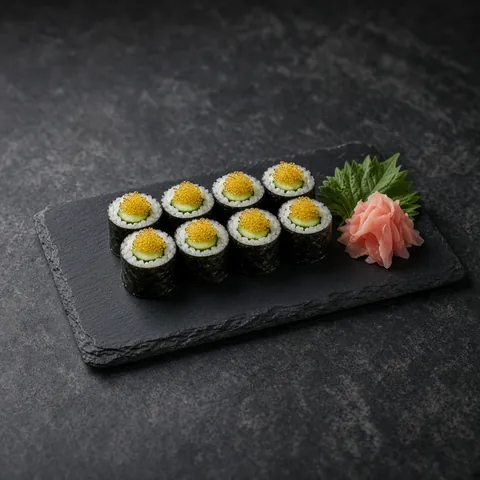 Cucumber hosomaki topped with yellow tobiko on a slate board with ginger and shiso