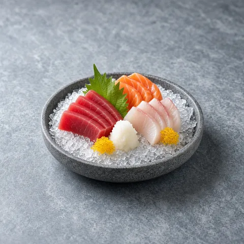 Tuna, salmon and white fish sashimi on ice garnished with yellow tobiko