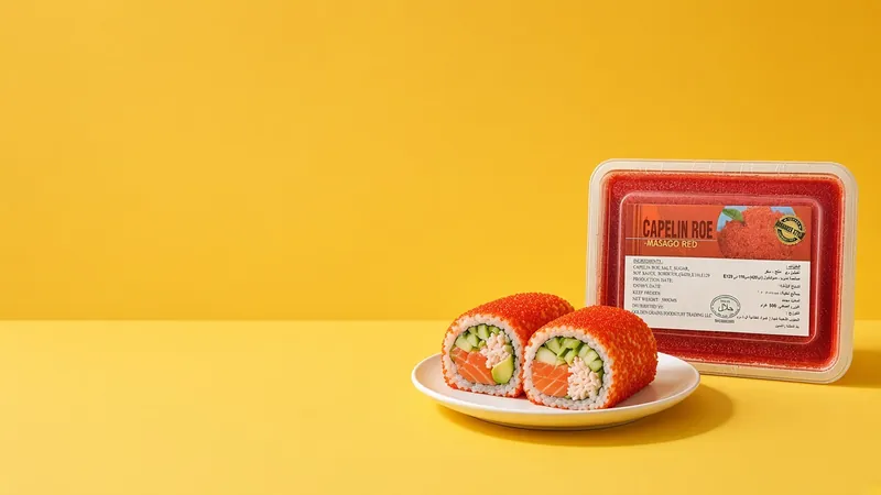 Sushi burrito halves rolled in red masago on a white plate beside a GGFT red masago capelin roe tray on a yellow backdrop