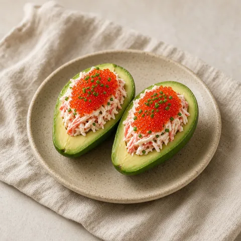 Avocado halves filled with crab salad and topped with red masago and chives on a stoneware plate