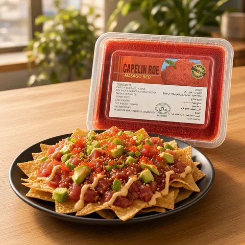 Sushi nachos with tuna, avocado, spicy mayo and red masago in front of a GGFT red masago tray
