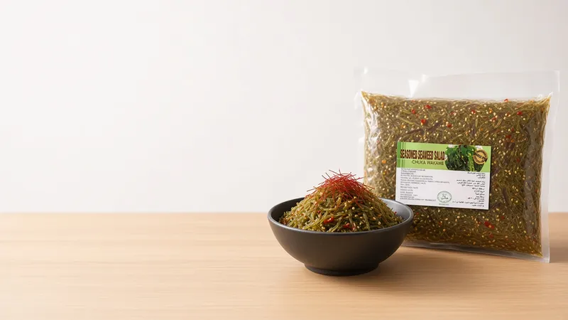 Dark stoneware bowl of spicy seaweed salad topped with chilli threads on a pale wood counter beside a GGFT spicy chuka wakame pack